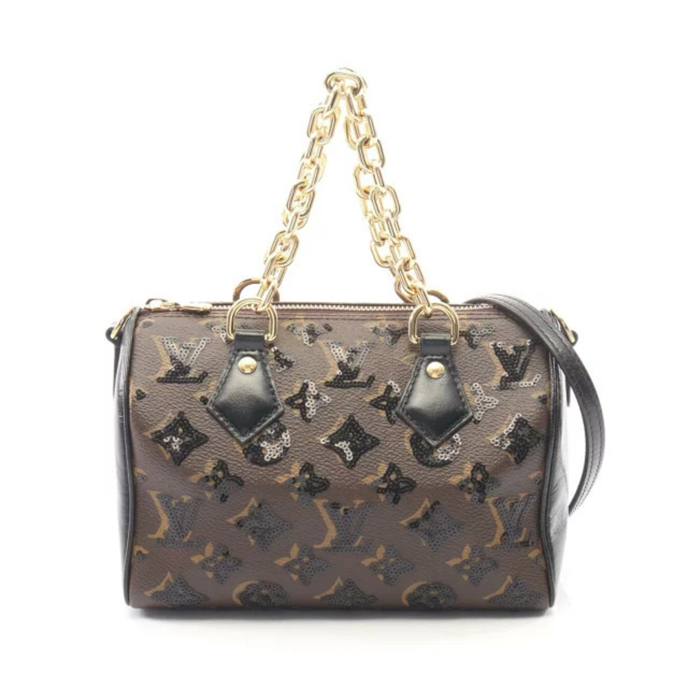 Louis Vuitton Speedy Handlire Monogram Sequin Handbag Canvas Leather Brown Black